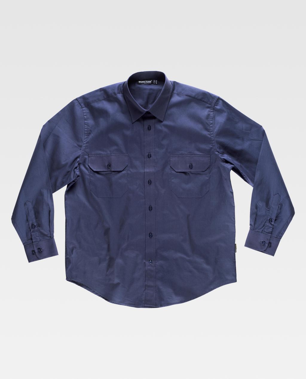 Camisa de trabajo azul marino con botones delanteros y bolsillos en el pecho sobre fondo claro